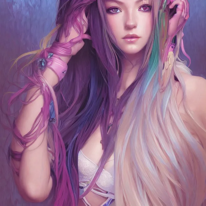 Image similar to portrait of beautiful symmetrical anime girl, rainbow hair, attractive, casual, modern, victoria's secret, highly detailed, digital painting, artstation, concept art, smooth, sharp focus, illustration, art by artgerm, greg rutkowski and alphonse mucha, 8 k,