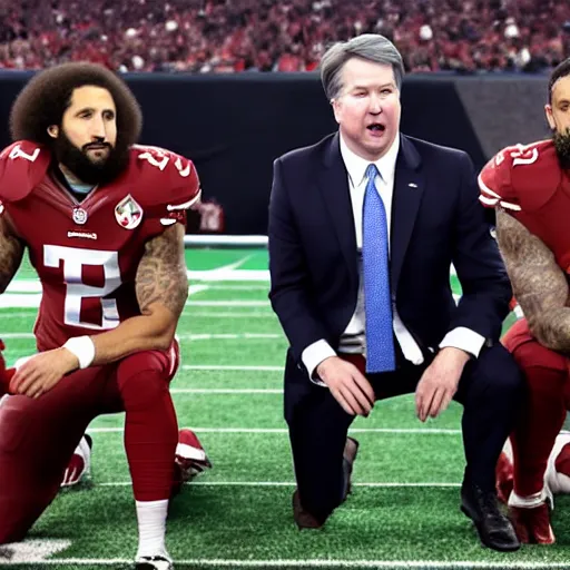 Prompt: brett kavanaugh and amy coney barrett kneeling next to colin kaepernick on the sideslines of the nfl superbowl. closeup. heavy snow. film grain : : 4 k television _ footage