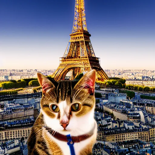 Image similar to the eiffel tower transforming into a cat and eating paris. award winning photography, highly detailed, golden ratio composition, 3 5 mm.