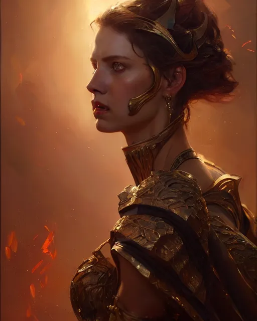 Image similar to daniel gerhartz and wlop and tom baghshaw, detailed portrait, digital painting of a beautiful half - tiger half - woman, evil mood, throne room in the background, embers flying, unreal engine, hyper realism, realistic shading, cinematic composition, blender render, octane render, ultrawide shot