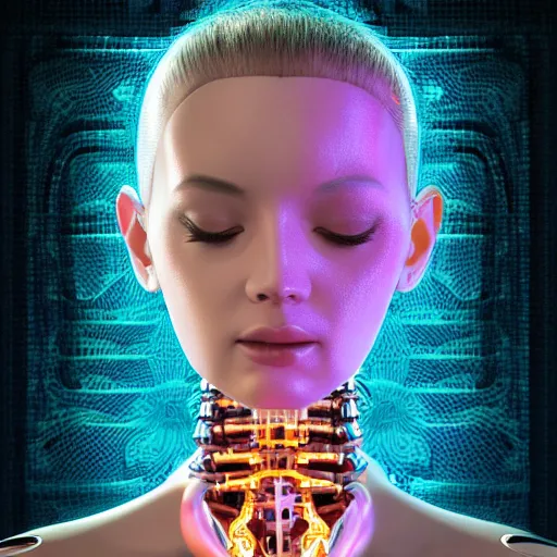 Image similar to an extremely beautiful biomechanical female robot with large emoji, twins, neon jacuzzi, oppai cyberpunk, chimeric organism, pale skin, organic polycarbon, full frontal portrait, highly detailed, transhumanist hydration, light bath, symmetrical, goddess, mendelbrot fractal, ray tracing, hyperdetailed, hyperrealistic, trending on artstation, octane render, hdr, uhd 4k