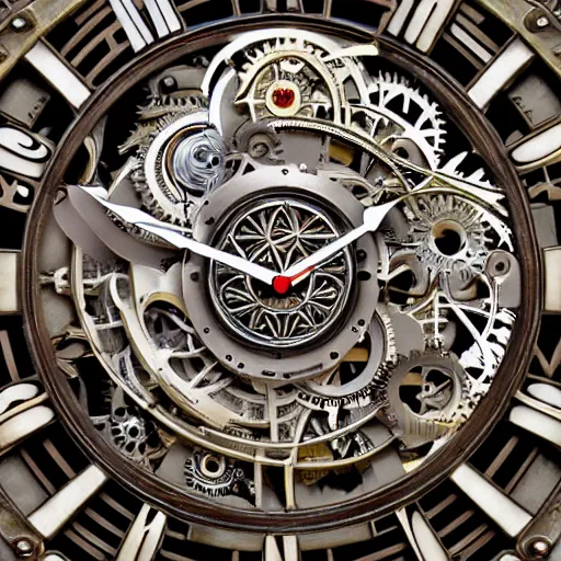 Prompt: a close up of a clock with many gears, a flemish baroque by takashi murakami, behance, kinetic art, steampunk, skeuomorphic, made of liquid metal