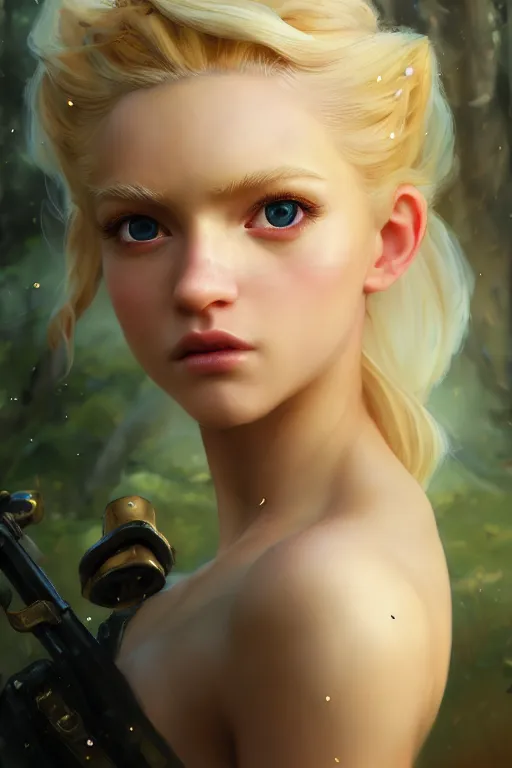 Image similar to cinematic shot of an epic portrait of a cute blonde fairy dressed in military clothes, stylised military clothes, shiny skin, beautiful eyes, beautiful, small details, night setting, realistic poster with volumetric light from craig mallism, artgerm, jeremy lipkin and michael garmash, unreal engine, radiant light, digital art, trends at art station, a masterpiece