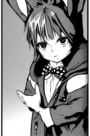 Image similar to attractive little boy wearing an bunny suit, black and white artwork in manga style, made by kentaro miura