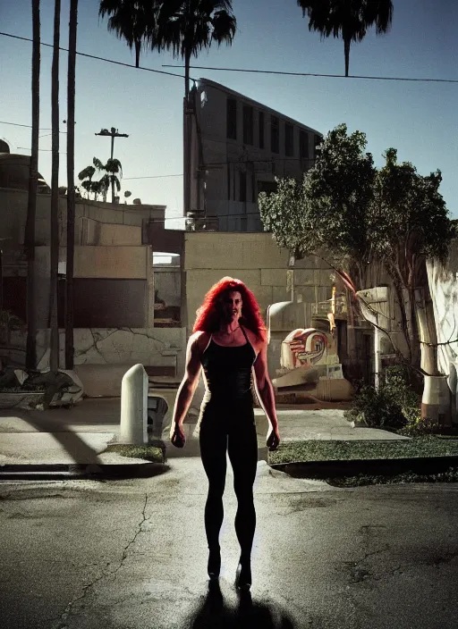 Image similar to a color photo portrait of she hulk in la by gregory crewdson, dramatic lighting, 7 5 mm lens, sharp focus.