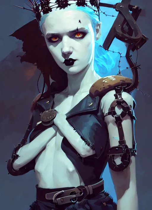 Prompt: portrait of cute goth maiden girl with crown of thorns and white short hairs, dressed in belts, warhammer, cyberpunk, by atey ghailan, by greg rutkowski, by greg tocchini, by james gilleard, by joe gb fenton, by kaethe butcher, dynamic lighting, gradient light blue, brown, blonde cream and white color in scheme, grunge aesthetic