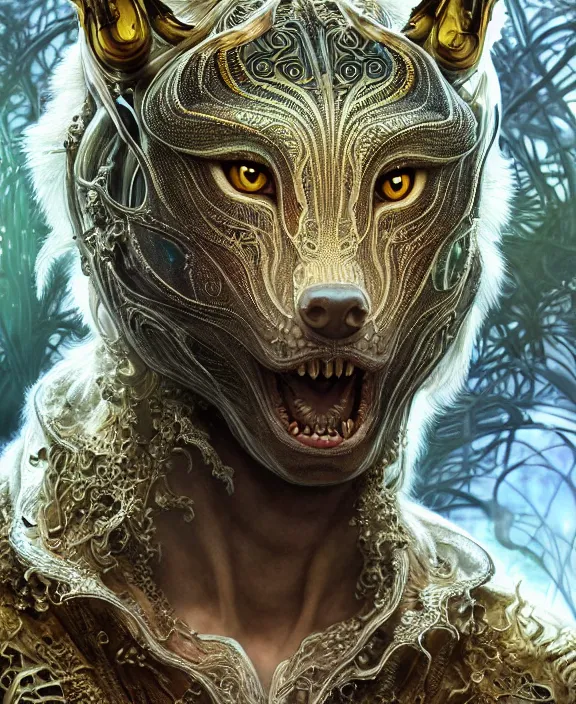 Image similar to intricate ornate opulent transparent clear see - through portrait of a terrifying beautiful male alien wolf, mottled coloring, adorable, childlike, overgrown jungle environment, ultra realistic, concept art, art nouveau, photorealistic, octane render, 8 k, unreal engine. art by christopher marley and artgerm and greg rutkowski and alphonse mucha