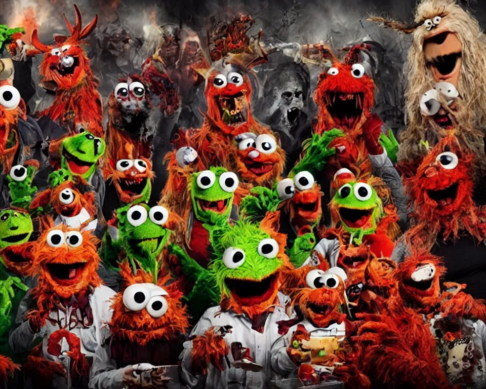 Prompt: a horror movie featuring demonic muppets celebrating with a big feast