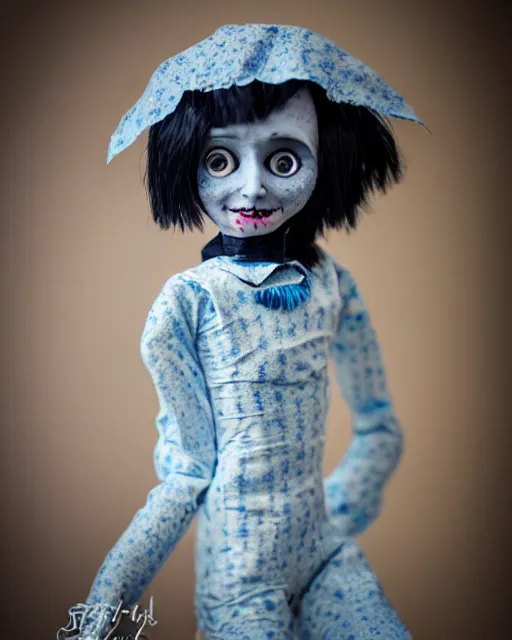 Prompt: a creepy paper mache doll of a coraline, realistic, very detailed, complex, intricate, studio lighting, bokeh, sigma 5 0 mm f 1. 4