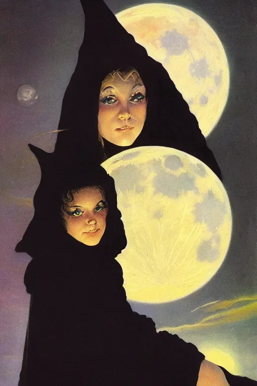 Prompt: portrait of a young witch in a black robe sitting on the ground with a full moon in the sky overhead, highly detailed, by frank frazetta and boris vallejo