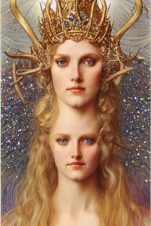 Prompt: a detailed portrait of a blonde haired blue eyed queen of glitter with an antler crown by wayne barlowe and mucha