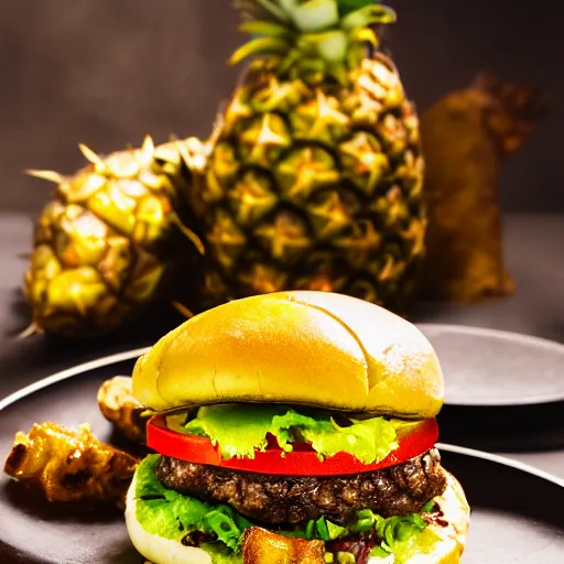Image similar to juicy hamburger with crispy buns with pineapple topping, 8 k resolution, food photography, studio lighting, sharp focus, hyper - detailed
