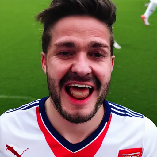 Prompt: close up profile photo of an arsenal fan right after his team score. enthusiastic, happy, super detailed, ultra realistic.