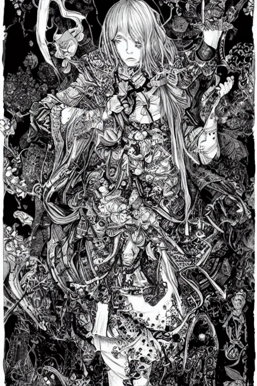 Image similar to Psycho Alice in wonderland tarot card , pen and ink, intricate line drawings, by Yoshitaka Amano, Ruan Jia, Kentaro Miura, Artgerm, watercolor