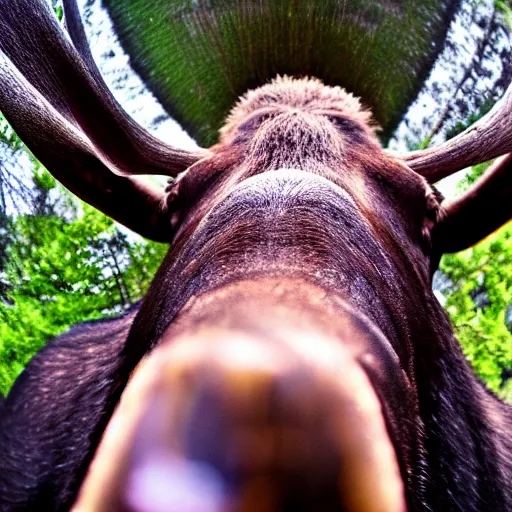 Prompt: close - up fisheye photo of a moose sniffing the camera