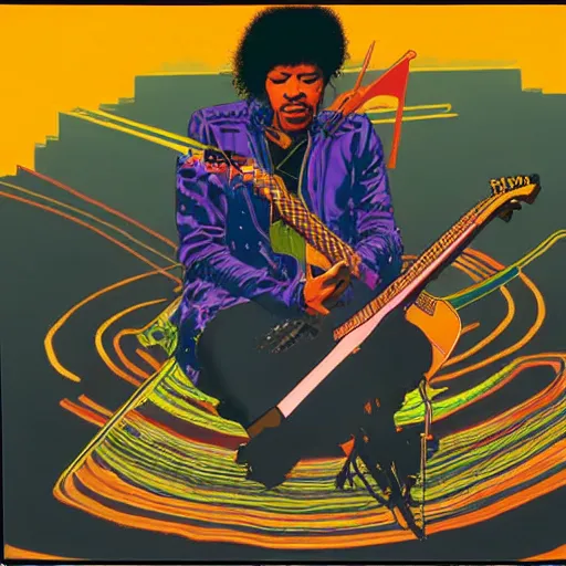 Image similar to Jimi Hendrix sitting on the rings of Saturn playing his electric guitar by Moebius