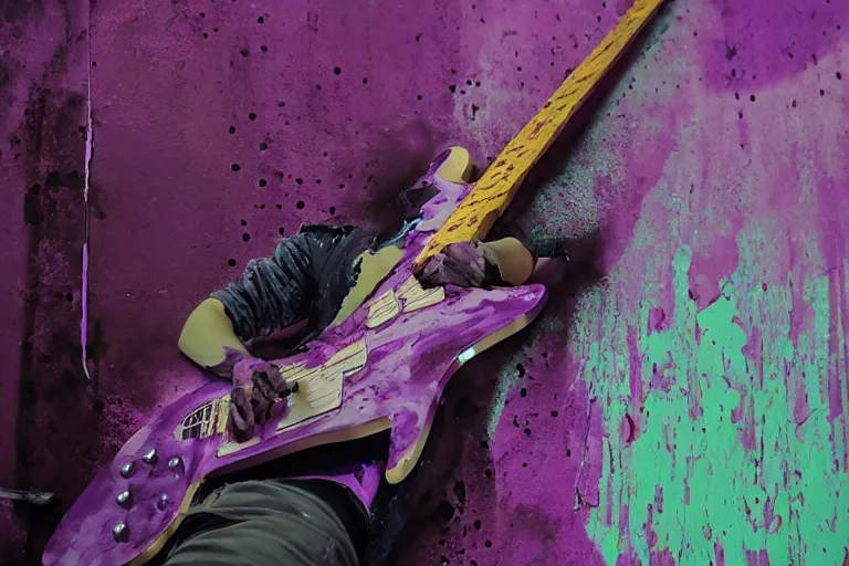 Prompt: dripping purple faded paint across the shape of a human playing guitar, realistic, extremely detailed, coming out of the cyberpunk wall