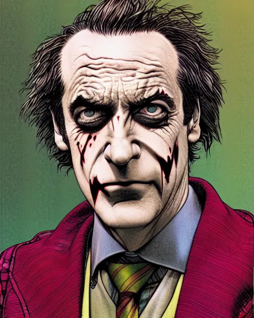 Image similar to portrait of saul goodman as the joker, illustration, art by neil gaiman and peter elson, bernie wrightson