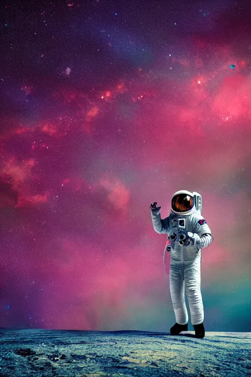 Prompt: a beautiful landscape of a starry sky with an astronaut waving to the horizon., cinematic, dramatic, color grading, photojournalism, colorful, highly detailed