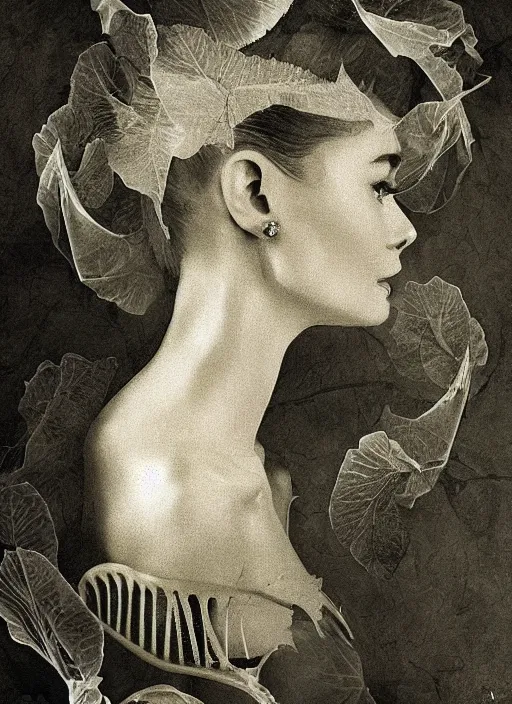 Image similar to a audrey hepburn face in profile made of leaf skeleton in the style of the dutch masters and gregory crewdson dark and moody