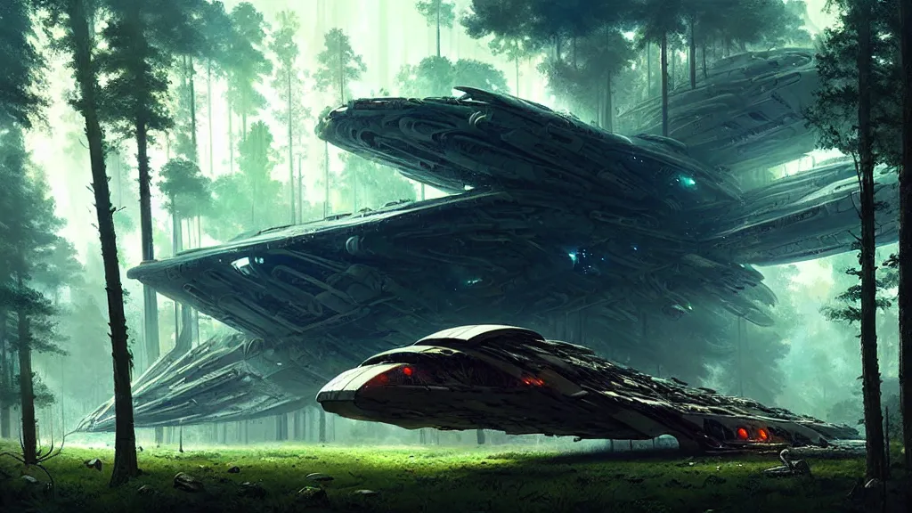 Image similar to a giant spaceship wrecked and lost in the forest, detailed digital art by greg rutkowski.