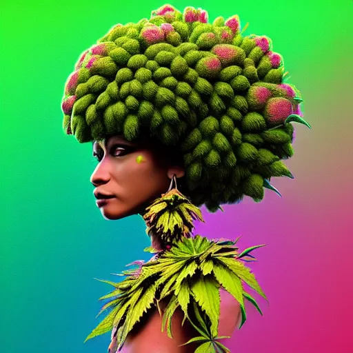 Image similar to a female african marijuanna! shaman with an afro made of flowers, third eye art art by machina infinitum, complexity from simplicity, rendered in octane, mandelbulb 3 d, ambient occlusion, macro photography, felt!!! texture, tribal, pastel! retrowave