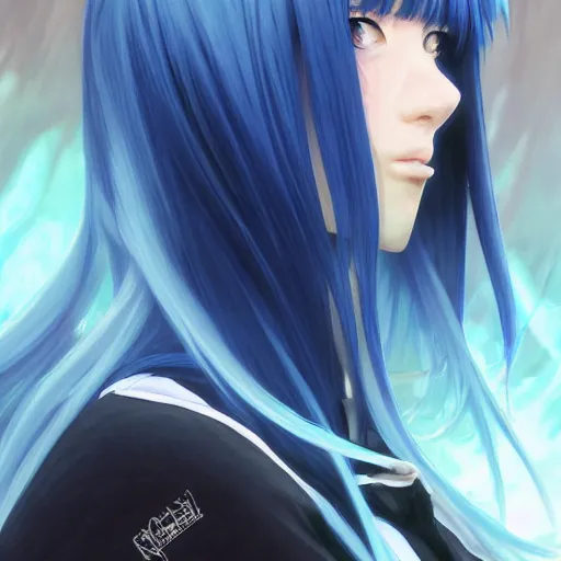 Image similar to profile shot of rimuru tempest, sky blue, straight hair, long bangs, | gold colored eyes | wearing a black jacket with white stripes, very high collar, highly detailed, unreal engine 5, digital painting, cinematic, wlop | artgerm, pixiv, yoshitaka amano, greg rutkowski, ilya kuvshinov, andy warhol