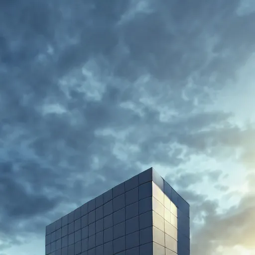 Image similar to a photorealistic 3 d render of modern architecture, two point perspective, global illumination hdri, deatiled sky, overcast, sunset, soft shadows, rain puddles with realistic reflections