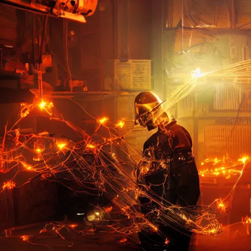 Image similar to cyborg with gatlinger gun hands, tangles of metallic cables, dark messy smoke - filled cluttered workshop, dark, dramatic lighting, orange tint, sparks, plasma charges, cinematic, highly detailed, sci - fi, futuristic, movie still