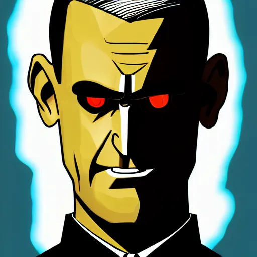 Image similar to solid glowing eyes, digital portrait of secretary of denis mcdonough face with solid glowing eyes, cover art of graphic novel, evil laugh, menacing, Machiavellian puppetmaster, villain, simple style, solid colors, clean lines, clean ink, trending on artstation