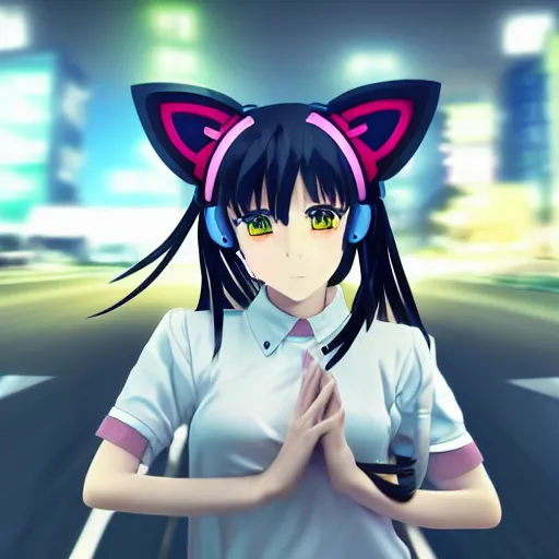 Image similar to 3 d photo of an anime girl with cat ears and long hair looking to her side, racing down a tokyo highway in the drivers seat of an alpine a 1 1 0, bokeh, shader, anime art style, highly detailed, cel - shaded, colorful, animated, trending