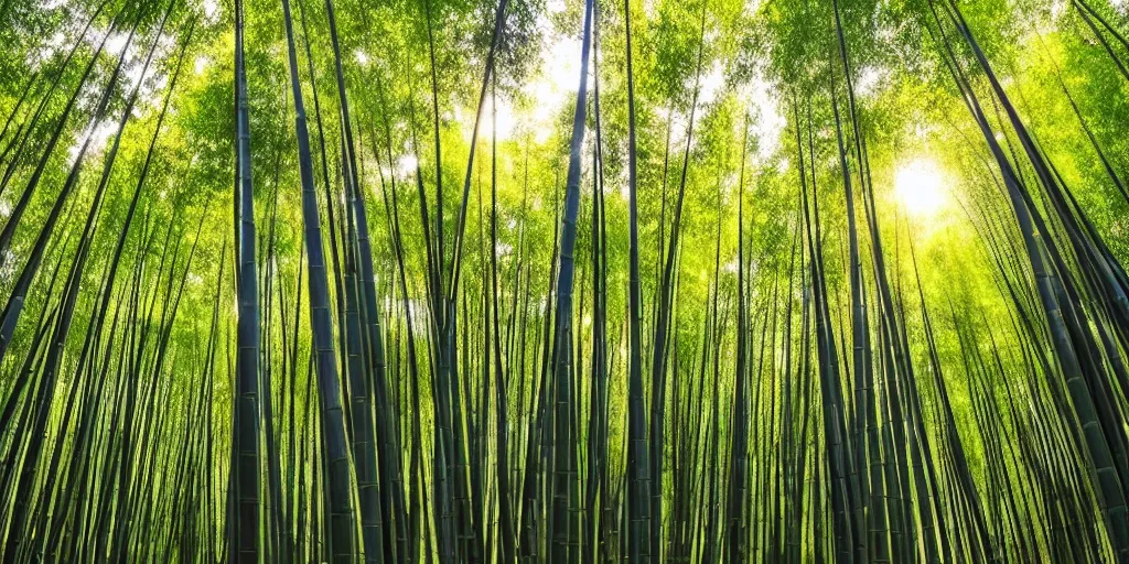 Image similar to ultra wide angle photo of the shunan bamboo forest, majestic!!! beautiful!!!, ethereal!!! ultra realistic, golden hour, volumetric lighting, sharp focus, in the style of national geographic, large format camera