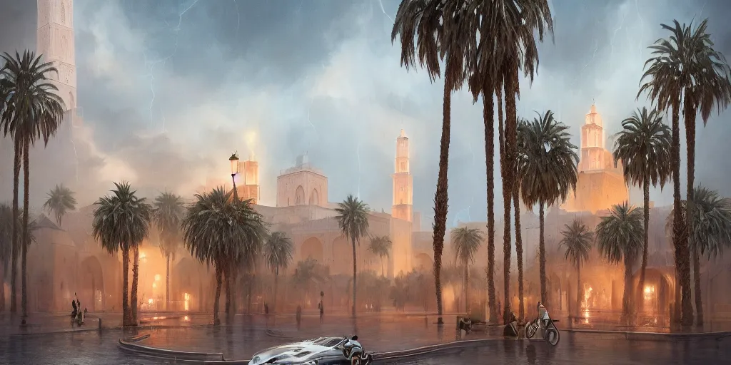 Image similar to thunderstorm in marrakech, palm trees, moroccan mosque, wlop, james jean, tom bagshaw, rococo, trending on artstation, fantasy, intricate, elegant, highly detailed, digital painting, concept art, smooth, illustration, cinematic lighting, hyper realism, octane render, 8 k, hyper detailed.