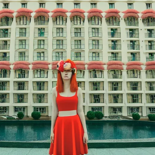 Image similar to giant flower head, frontal, girl standing in mid century hotel, surreal, symmetry, bright colors, cinematic, wes anderson