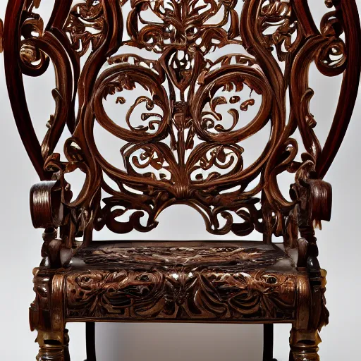 Image similar to a photo of an ornate wooden chair from the gilded age that vaguely looks like Christina Hendricks