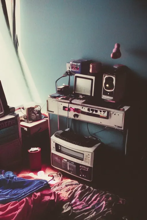 Prompt: agfa vista 4 0 0 photograph of a cluttered 9 0 s teenagers bedroom, synth vibe, vaporwave colors, lens flare, moody lighting, moody vibe, telephoto, 9 0 s vibe, blurry background, grain, tranquil, calm, faded!,