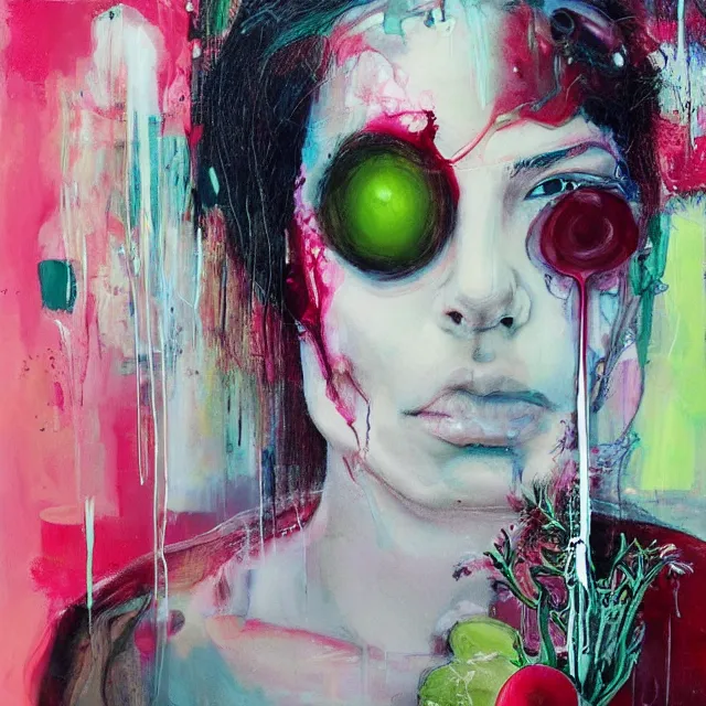 Prompt: “ sensual portrait in a female art student ’ s apartment, brain, fresh fruit, berries, plants in scientific glassware, art materials, candle dripping white wax, berry juice drips, neo - expressionism, surrealism, acrylic and spray paint and oilstick on canvas ”