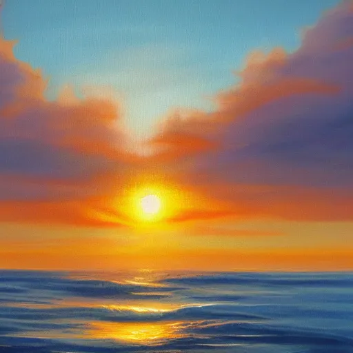 Prompt: sea, wavy, sun at dawn reflecting on the sea cloudy oil painting 4 k