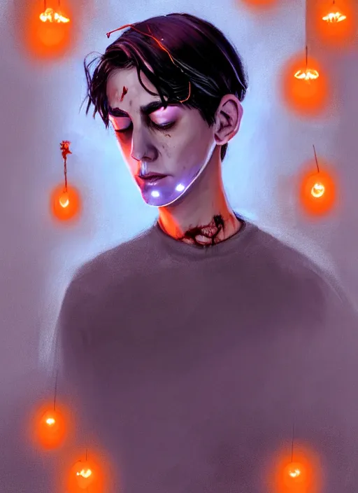 Image similar to portrait of zombie teenage jughead jones wearing a light grey crown, photorealistic, zombie, crown, eyes closed, crown, black hair, intricate, elegant, orange, glowing lights, highly detailed, digital painting, artstation, concept art, sharp focus, illustration, art by wlop, mars ravelo and greg rutkowski