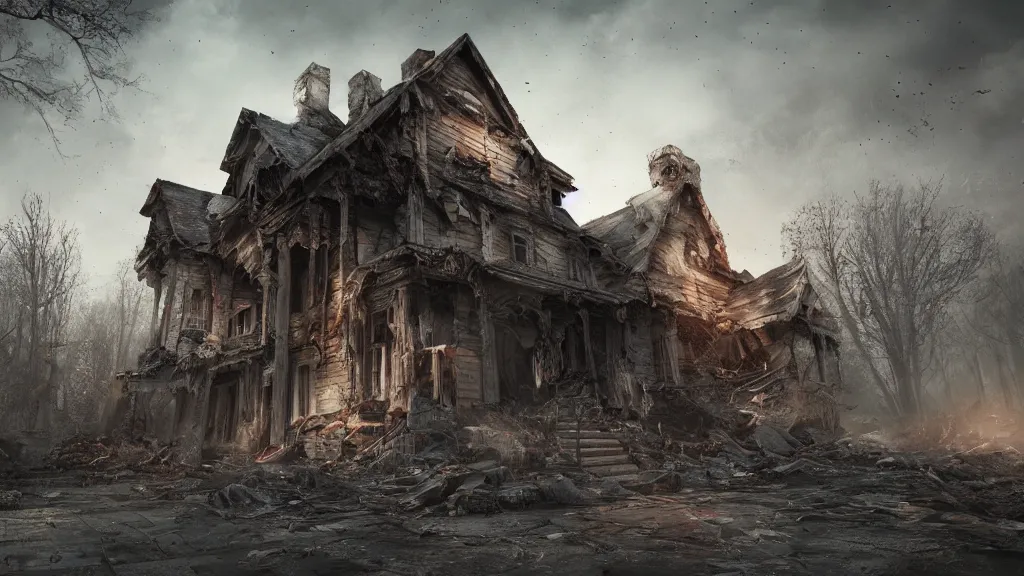 Image similar to a haunted destroyed house, trending on artstation, wide view, cinematic view, cinematic, 8 k, digital photo, unreal engine, colored paint, colorful paint, scary style