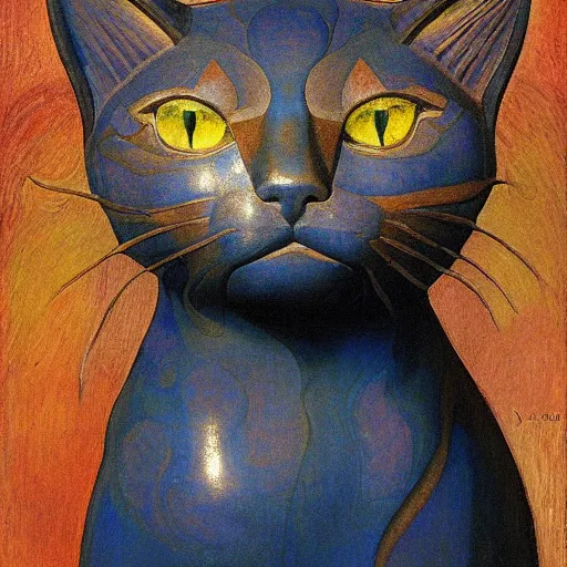 Image similar to cloisonne cat head sculpture, by annie swynnerton and diego rivera and nicholas roerich and jean delville, symbolist, dramatic lighting, god rays, art brut, rich colors, smooth, sharp focus, extremely detailed, adolf wolfli, by janet fish