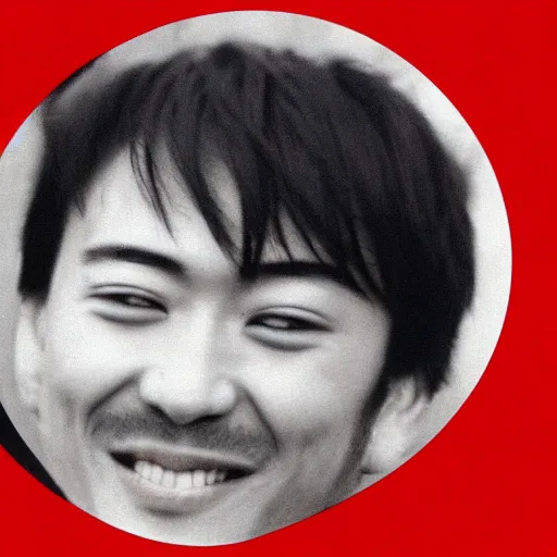 Prompt: very old photo of joji grinning at the camera with his head being slightly tilted to the right, lots of grain, red reflection in eyes, dark pitch black background, in te style of the album ballads 1.