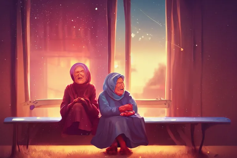 Prompt: angy old woman, babushka, emotionally argues at camera sitting behind house on a bench, in full growth, flying cars around, neon lights, cyberpunk, future, trending on artstation, unreal engine