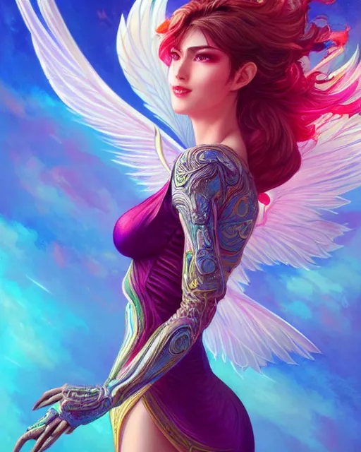 Prompt: 3 / 4 view of woman with wings, confident pose, pixie character, video game genshin impact, intricate, elegant, sharp focus, illustration, bright colors, concept art, matte, magali villeneuve, artgerm, anime, trending on artstation