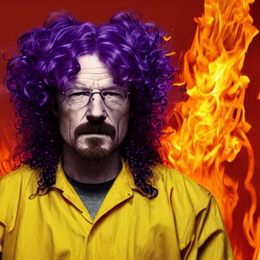 Prompt: walter white with long purple curly hair, dye, hair, caught, on fire