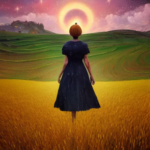 Image similar to giant daisy flower as a head, girl walking in wheat field, hills, surreal photography, dark night, star trails, dramatic light, impressionist painting, clouds, digital painting, artstation, simon stalenhag