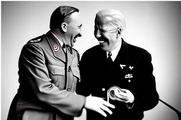 Image similar to “ very very intricate photorealistic photo of hitler and joe biden laughing together, detailed natural lighting, award - winning crisp details ”