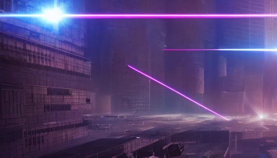 Image similar to laser beam shooting out of facility in dytopian sci - fi city, rendering, photorealism, digital art, photoshop. wallpaper, artstation