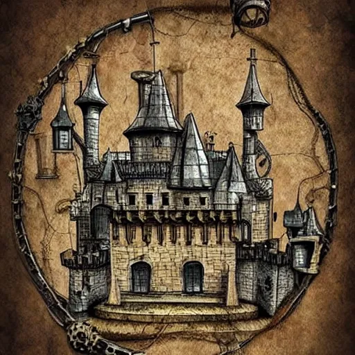 Prompt: medieval castle steampunk style