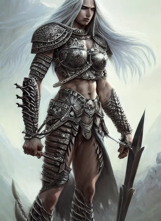 Image similar to barbarian, plated armor!!! long wild white hair!! fantasy, d & d, intricate ornate details, digital painting, beautiful eyes!, pretty face!!, symmetry, concept art, sharp focus, illustration, art by artgerm! greg rutkowski magali villeneuve wlop! ilya kuvshinov!!, octane render